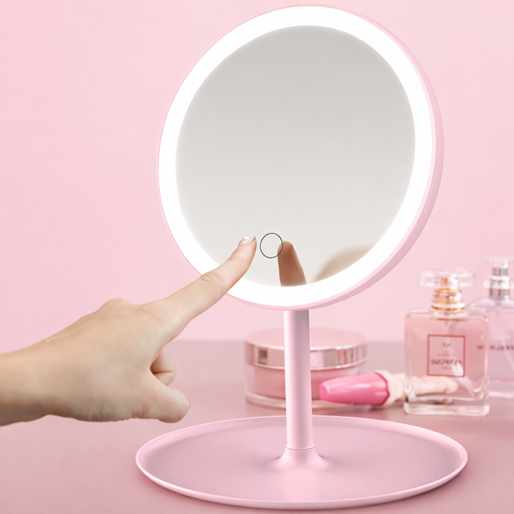 GlowBella Touch LED sminktükör – USB-s, akkumulátoros, érintésérzékeny kozmetikai tükör rózsaszín (BBV) 3