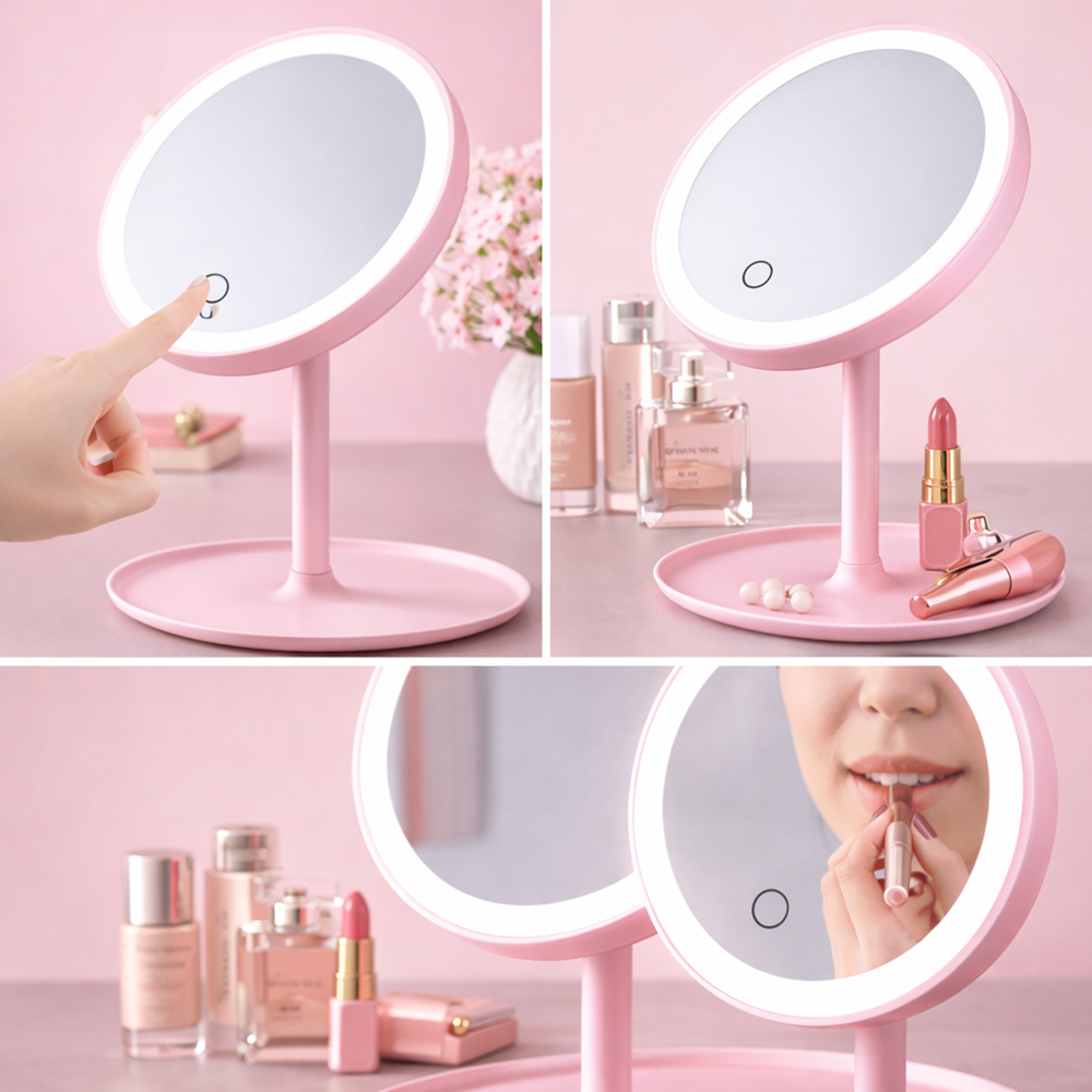 GlowBella Touch LED sminktükör – USB-s, akkumulátoros, érintésérzékeny kozmetikai tükör rózsaszín (BBV) 4