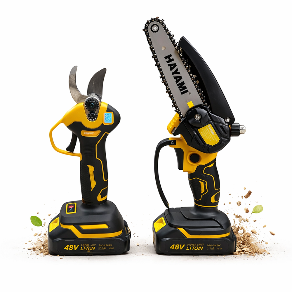 HAYAMI HA-1004 akkus metszőolló és mini láncfűrész szett – LCD kijelző, 6” olajzós láncfűrész, 2 akkumulátorral (FX) 1