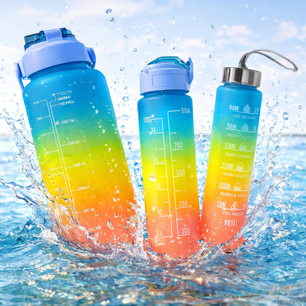 Háromrészes motivációs kulacs szett, kék-sárga-rózsaszín színkombinációban, 2L, 900 ml és 300 ml méretű palackokkal 8