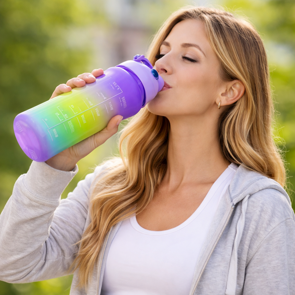 Háromrészes motivációs kulacs szett, lila-sárga-kék színkombinációban, 2L, 900 ml és 300 ml méretű palackokkal 10