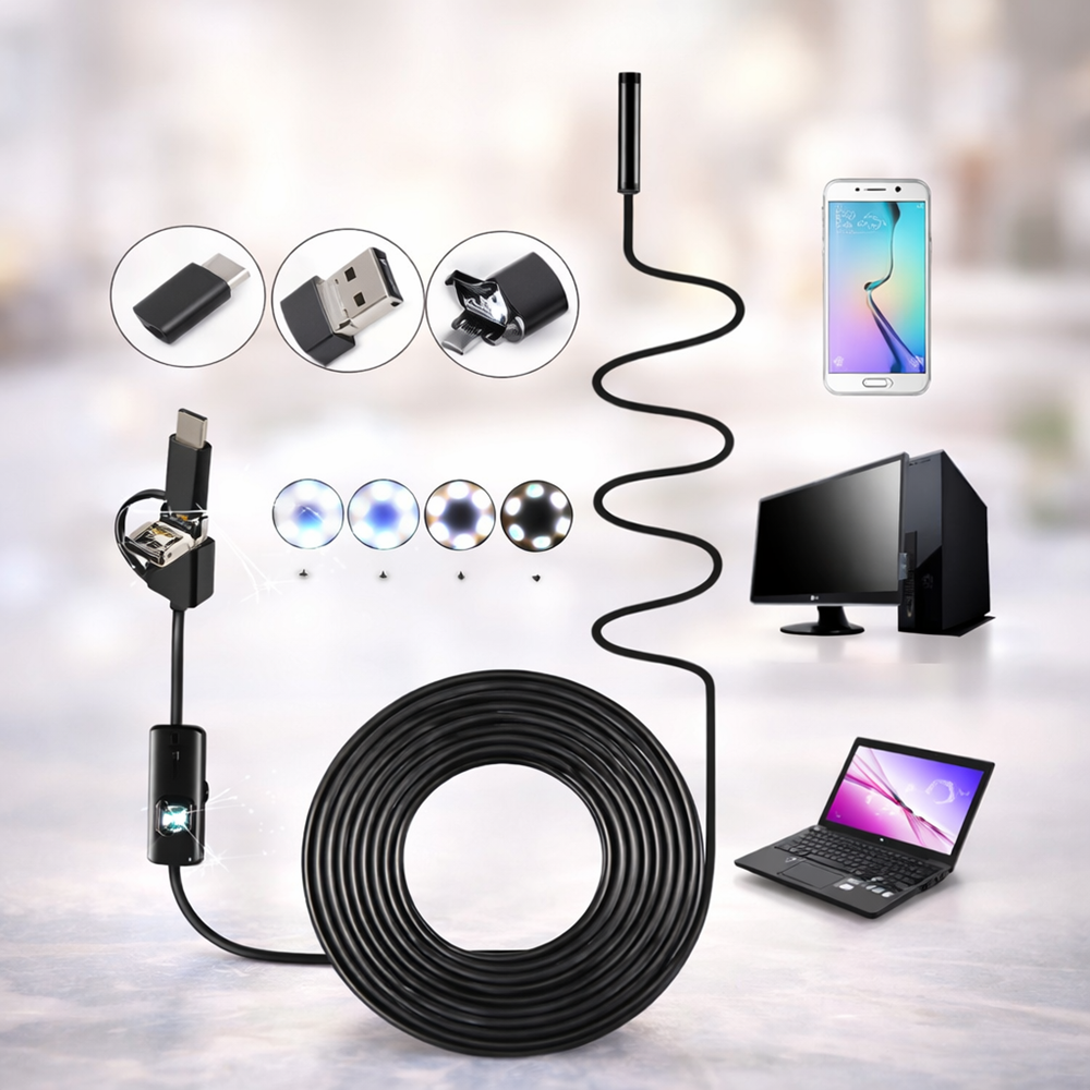 InspectPro 3 az 1-ben endoszkóp kamera – IP67 vízálló USB-C, microUSB és USB csatlakozó, HD kamera 6 LED világítással (BBD) 6