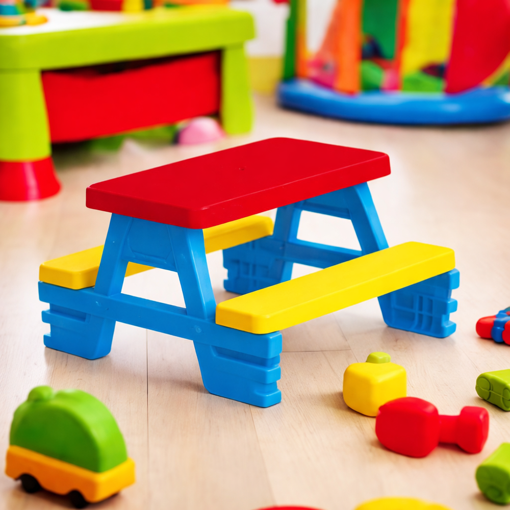 Színes gyermek kerti pad és asztal szett – tartós műanyag 70 x 79 x 47 cm, kék (BBJ) 3