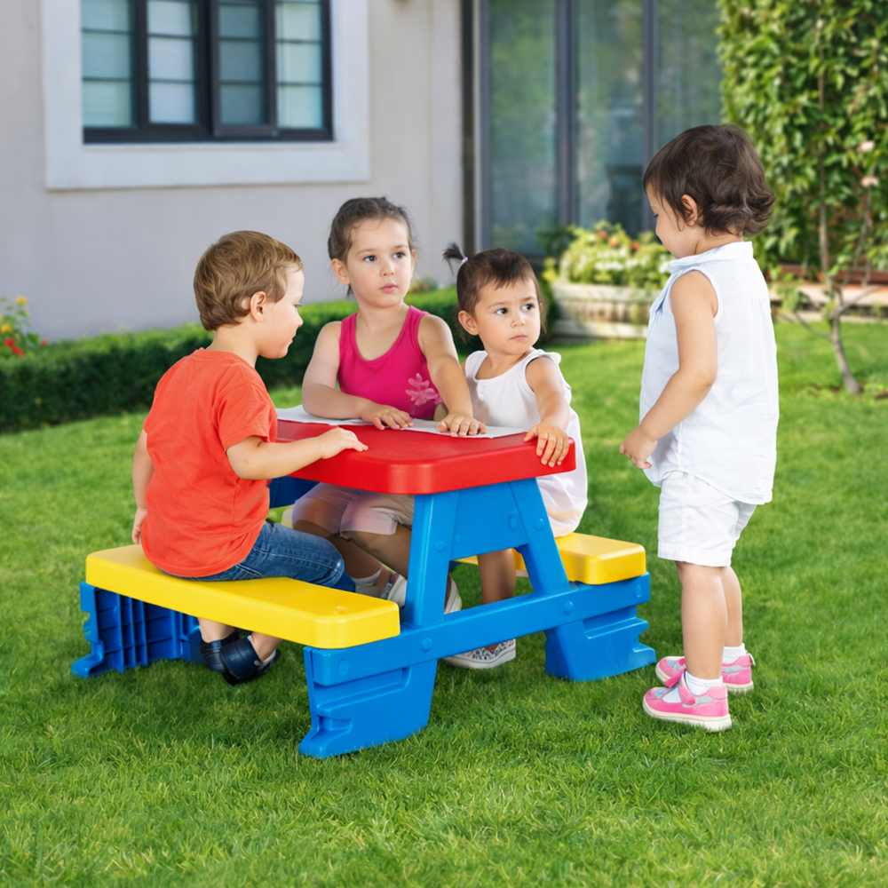 Színes gyermek kerti pad és asztal szett – tartós műanyag 70 x 79 x 47 cm, kék (BBJ) 4