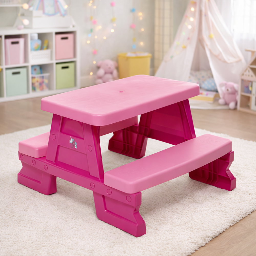 Színes gyermek kerti pad és asztal szett – tartós műanyag 70 x 79 x 47 cm, pink (BBJ) 3