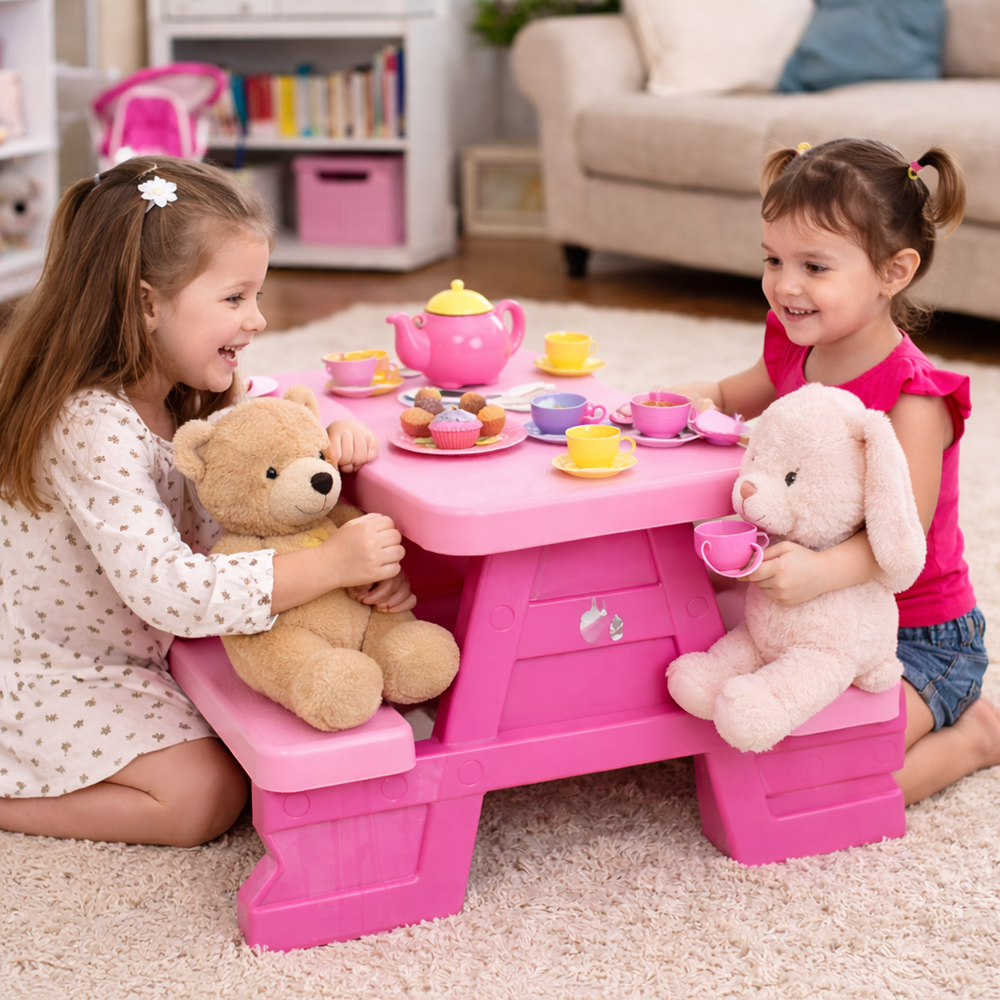 Színes gyermek kerti pad és asztal szett – tartós műanyag 70 x 79 x 47 cm, pink (BBJ) 4