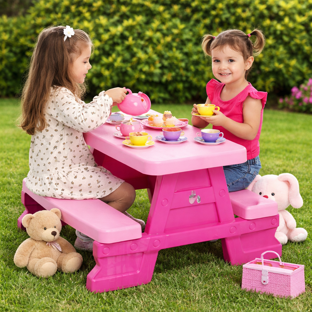 Színes gyermek kerti pad és asztal szett – tartós műanyag 70 x 79 x 47 cm, pink (BBJ)