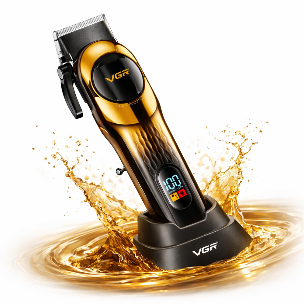 VGR V-166 professzionális akkus hajvágó – vezeték nélküli haj- és szakállvágó LED kijelzővel, rozsdamentes acél pengékkel, arany (BBD) 1