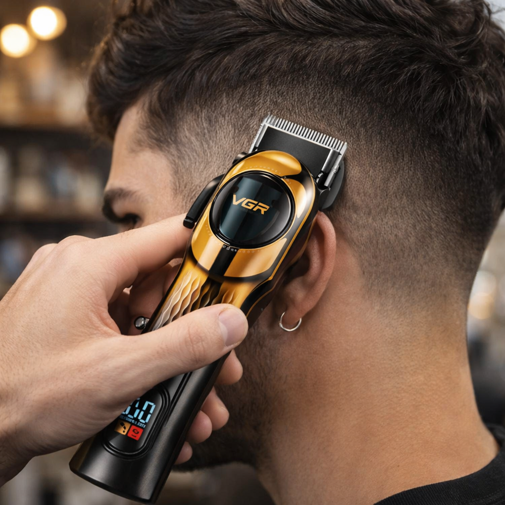 VGR V-166 professzionális akkus hajvágó – vezeték nélküli haj- és szakállvágó LED kijelzővel, rozsdamentes acél pengékkel, arany (BBD) 2