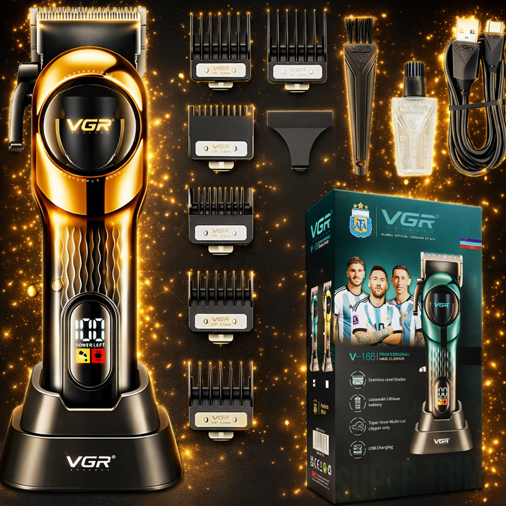 VGR V-166 professzionális akkus hajvágó – vezeték nélküli haj- és szakállvágó LED kijelzővel, rozsdamentes acél pengékkel, arany (BBD) 4