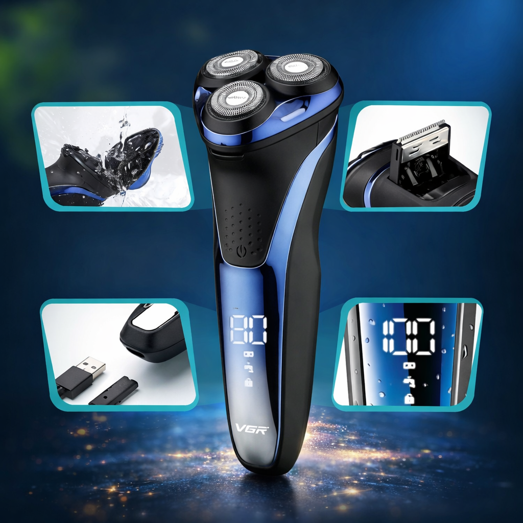 VGR V-306 háromfejes elektromos borotva – forgó körkéses férfi borotvagép USB töltéssel, vízálló akkus borotva 80 perc üzemidővel (BBD) 3