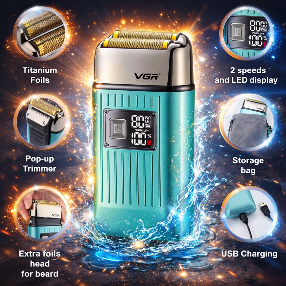 VGR V-357 professzionális haj- és szakállvágó elektromos borotva – digitális kijelzős akkus férfi borotva nedves és száraz borotválkozáshoz (BBD) 4