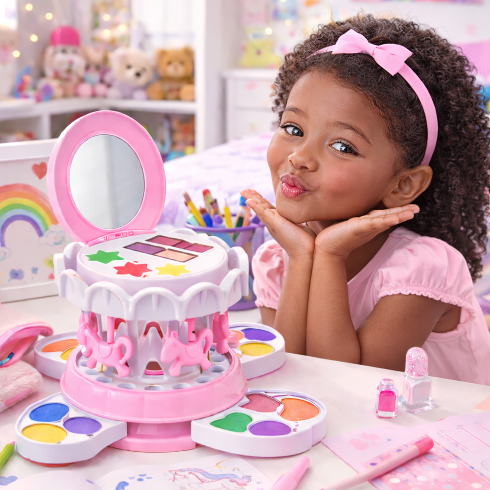 Körhinta rózsaszín sminkkészlet gyerekeknek – smink szett tükörrel és színes kozmetikumokkal (BBJ) 7
