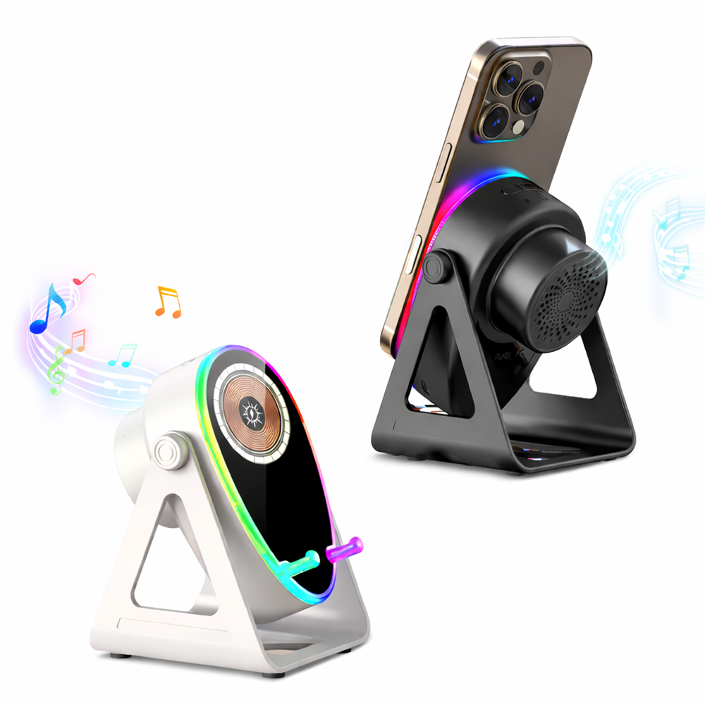 Vezeték nélküli töltős hangszóró telefontartó LED hangulatfénnyel – univerzális okostelefon állvány (BBD) 1