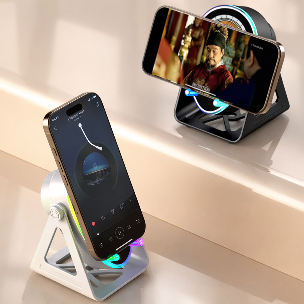 Vezeték nélküli töltős hangszóró telefontartó LED hangulatfénnyel – univerzális okostelefon állvány (BBD) 3