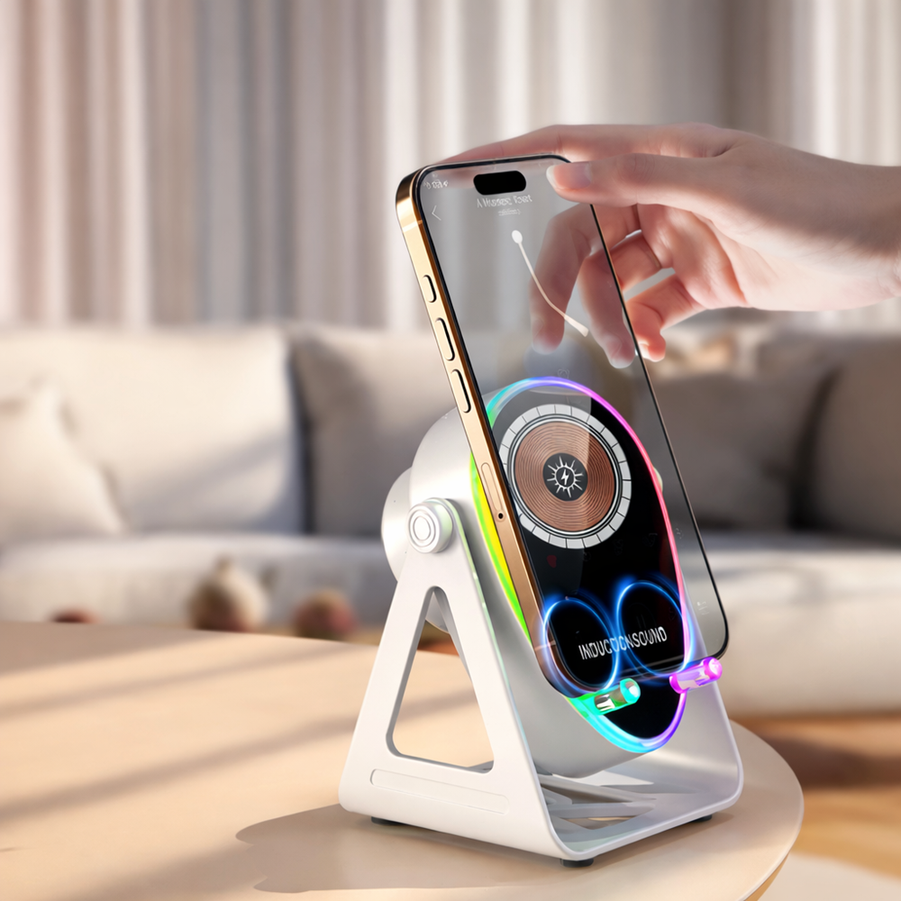 Vezeték nélküli töltős hangszóró telefontartó LED hangulatfénnyel – univerzális okostelefon állvány (BBD) 4