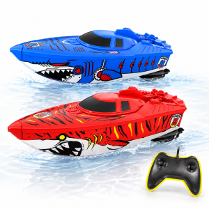 Shark Racer távirányítós RC hajó – cápa mintás elemes vízi versenyjáték, piros-kék (BBE)(BBMJ) - Image 1